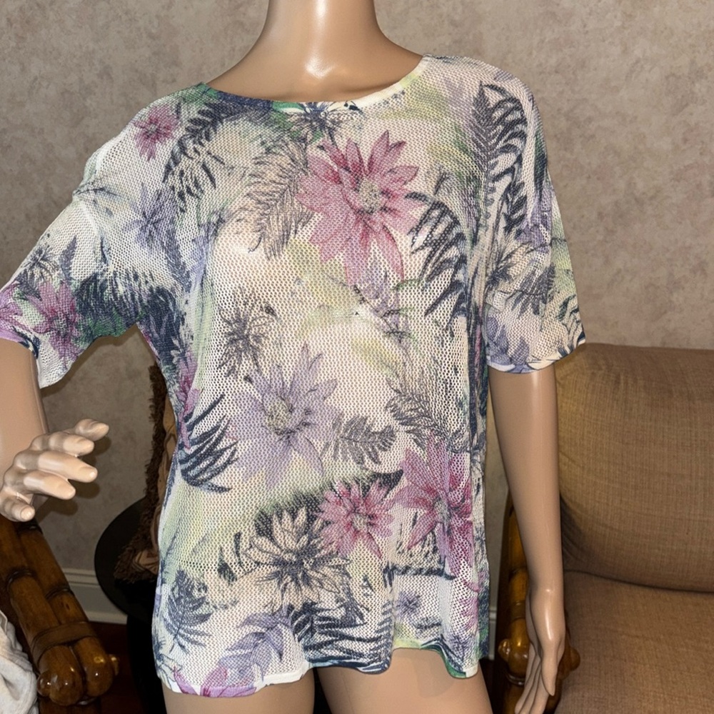 J. Jill white blue purple floral sheer knit top sweater MP Medium petite